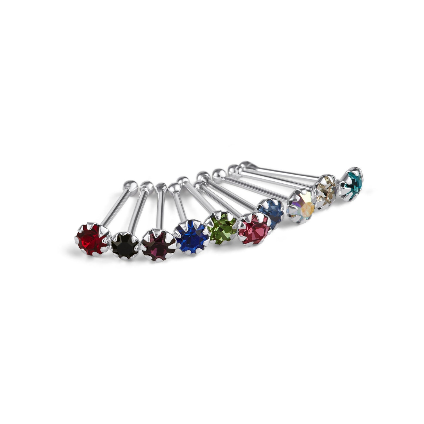 Lot de 10 piercings de nez en argent sterling avec embout sphérique en zircone cubique multicolore, calibre 22