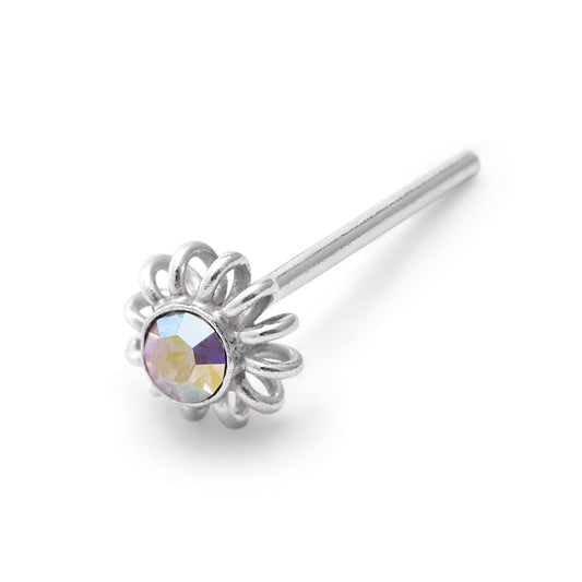 Clou de nez en argent sterling avec fleur enroulée en zircone cubique Aurora Borealis de 2 mm, calibre 22