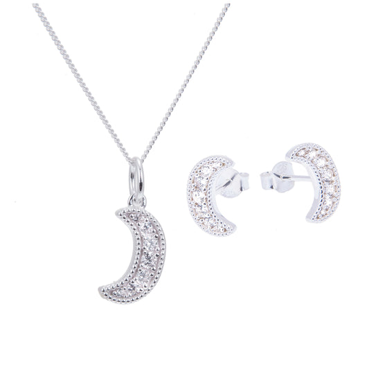 Ensemble de boucles d'oreilles et collier en argent sterling avec croissant de lune et zircone cubique, 35 à 81 cm