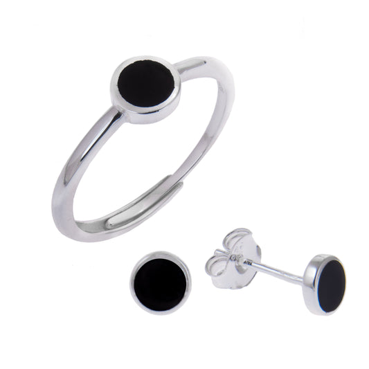Ensemble de boucles d'oreilles à tige minimalistes en argent sterling et émail noir et bague réglable