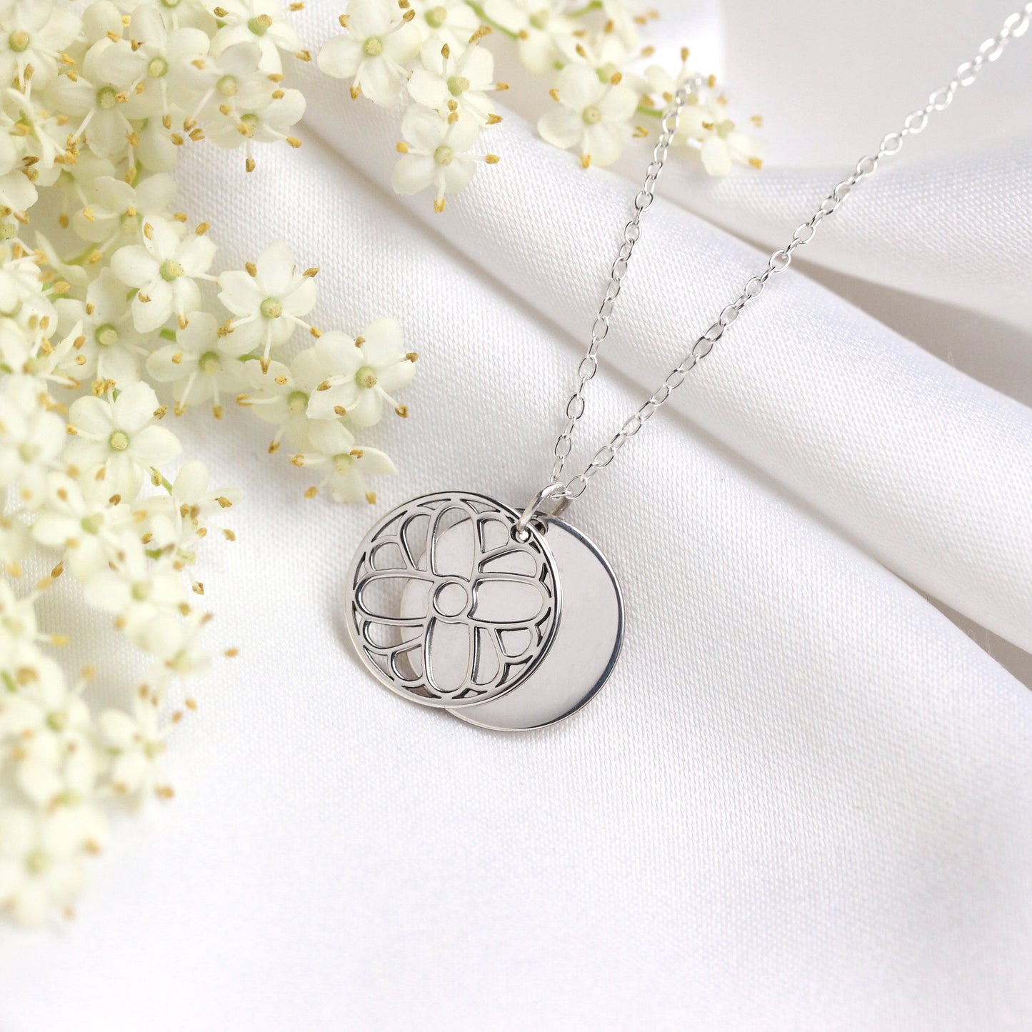 Collier en argent sterling avec fleur de souci d'octobre et étiquette gravable de 13 mm, 14 à 22 pouces