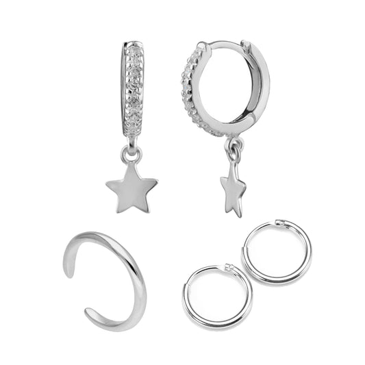 Ensemble de boucles d'oreilles créoles et manchettes en argent sterling avec étoiles
