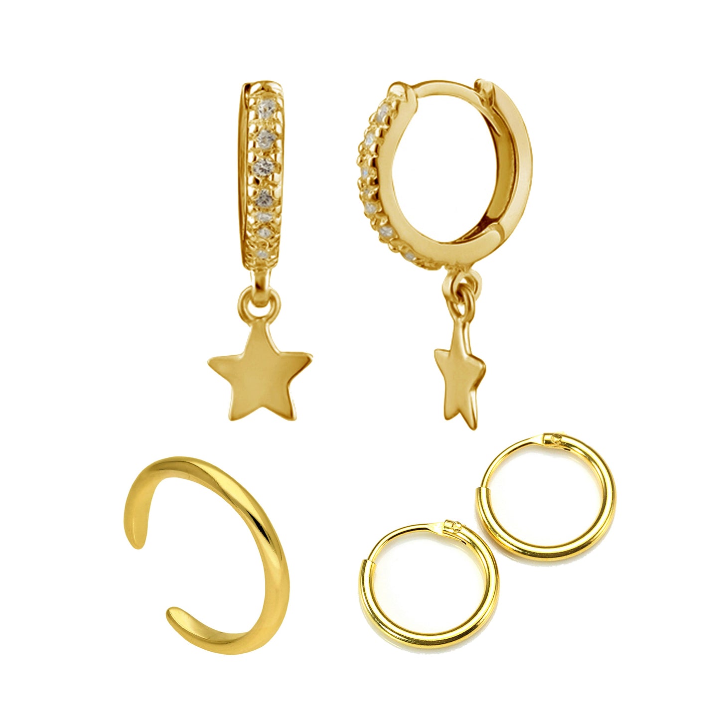 Ensemble de boucles d'oreilles créoles et manchettes en argent sterling plaqué or avec étoiles