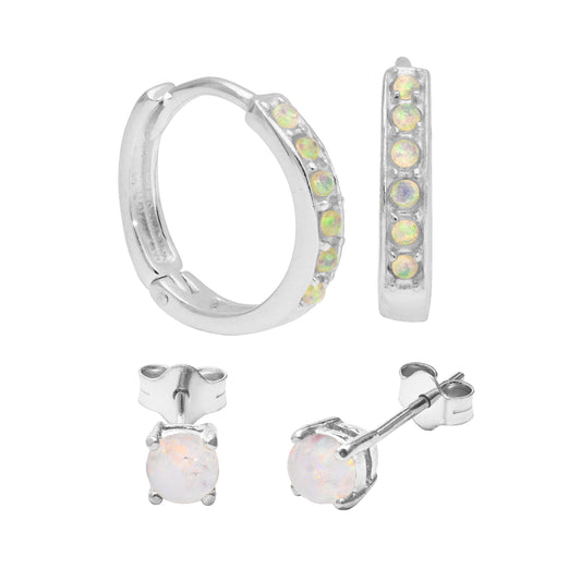 Ensemble de boucles d'oreilles créoles en argent sterling avec opale CZ 15 mm et clous d'oreilles 4 mm