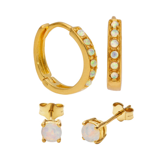 Ensemble de boucles d'oreilles créoles opales 15 mm et 4 mm en argent sterling plaqué or