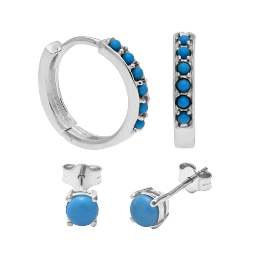 Ensemble de boucles d'oreilles créoles en argent sterling avec zircones cubiques turquoise et clous d'oreilles de 4 mm