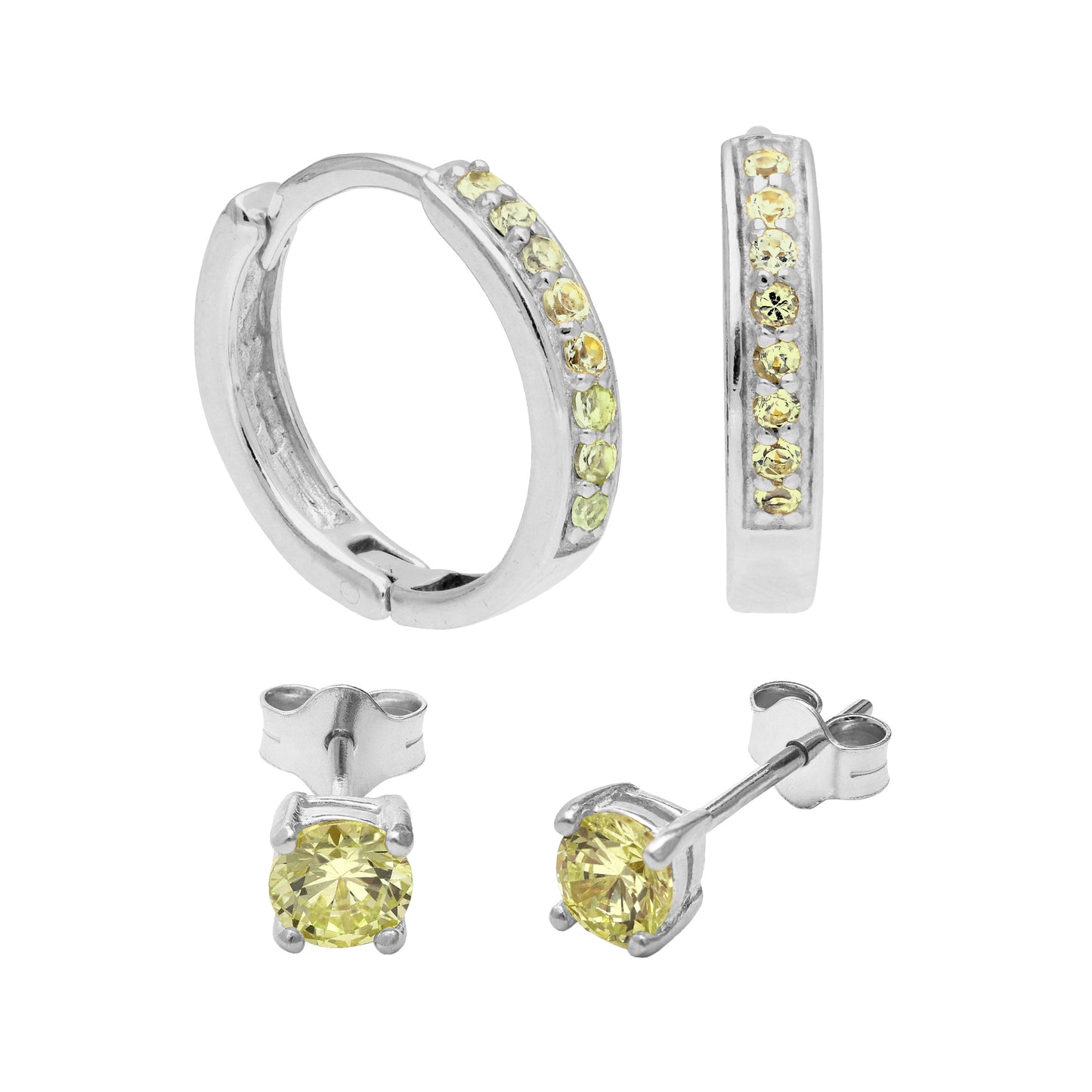 Ensemble de boucles d'oreilles créoles en argent sterling avec péridot et zircone cubique et clous d'oreilles de 4 mm