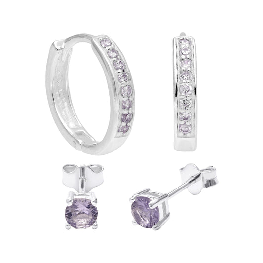 Ensemble de boucles d'oreilles créoles en argent sterling avec zircone cubique Alexandrite et clous d'oreilles de 4 mm