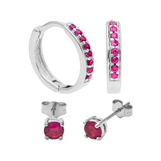 Ensemble de boucles d'oreilles créoles en argent sterling avec rubis et zircone cubique de 15 mm et clous d'oreilles de 4 mm