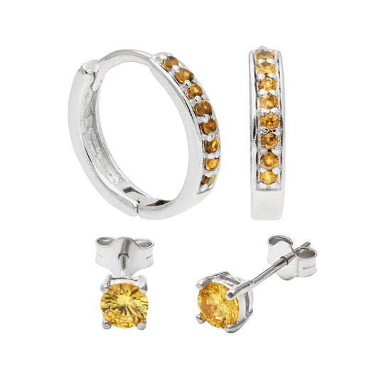 Ensemble de boucles d'oreilles créoles en argent sterling avec citrine et zircone cubique et clous d'oreilles de 4 mm