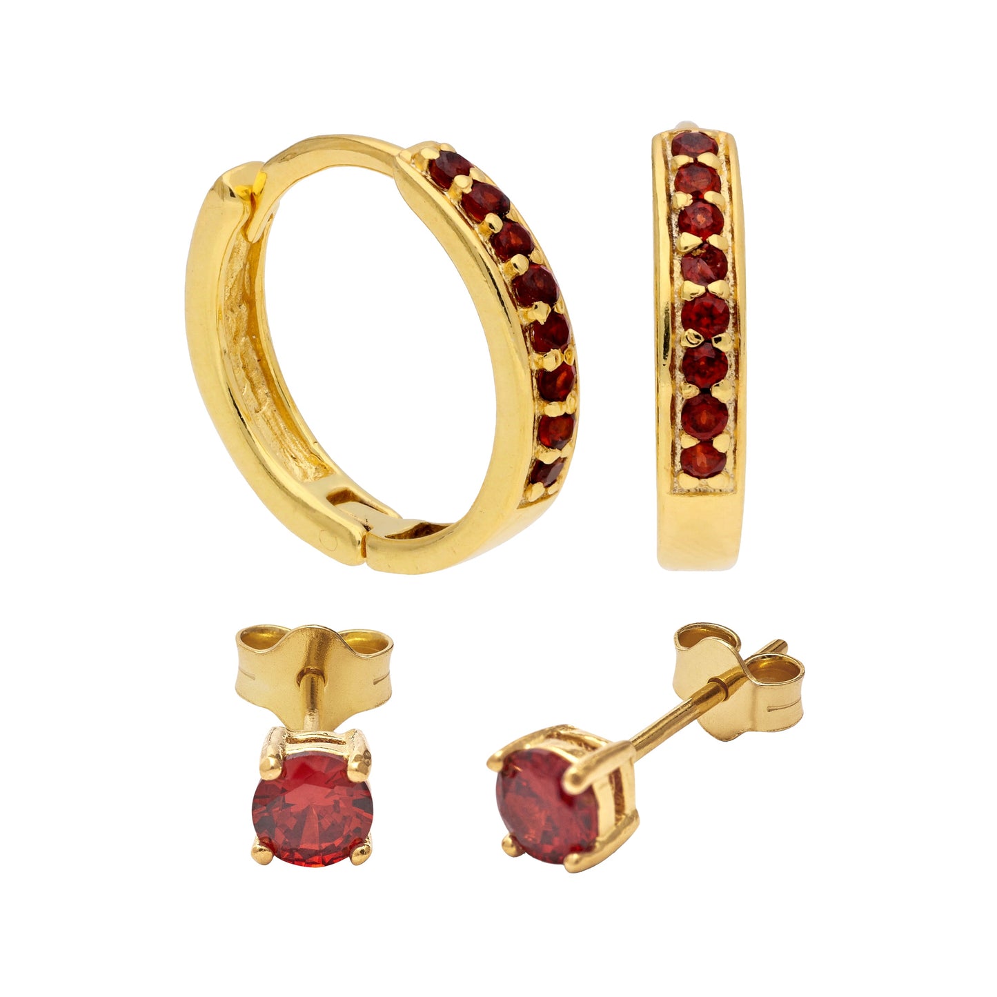 Ensemble de boucles d'oreilles créoles en argent sterling plaqué or avec grenat et zircone cubique et clous d'oreilles de 4 mm