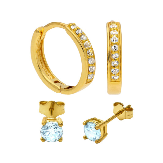 Ensemble de boucles d'oreilles créoles et clous d'oreilles en argent sterling plaqué or avec aigue-marine et zircone cubique