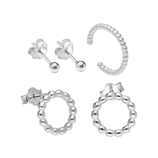 Ensemble de boucles d'oreilles à pompon et boules de 3 mm en argent sterling