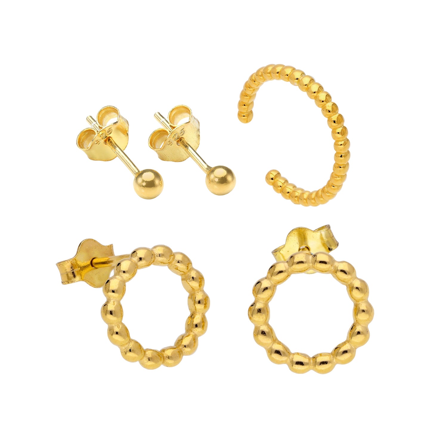 Ensemble de boucles d'oreilles à pompon et boules de 3 mm en argent sterling plaqué or