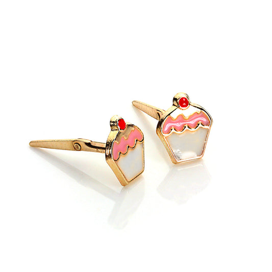 Boucles d'oreilles à tige Andralok en or jaune 9 carats émaillé cerise cup cake