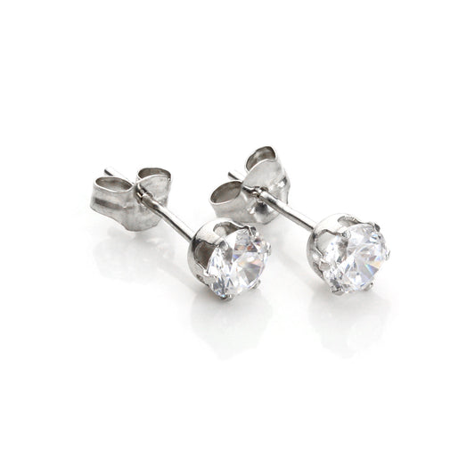Boucles d'oreilles à tige rondes en or blanc 9 carats et cristal transparent de 4 mm