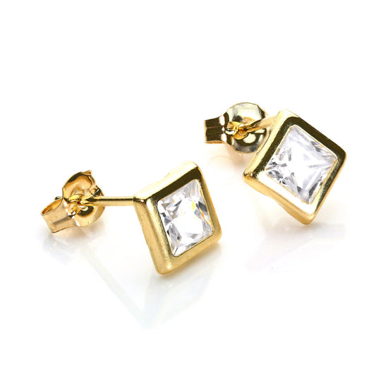 Boucles d'oreilles à tige carrées en or jaune 9 carats avec zircones cubiques transparents de 5 mm