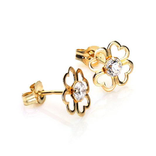 Boucles d'oreilles à tige en or jaune 9 carats avec trèfle à 4 feuilles en zircone cubique transparent