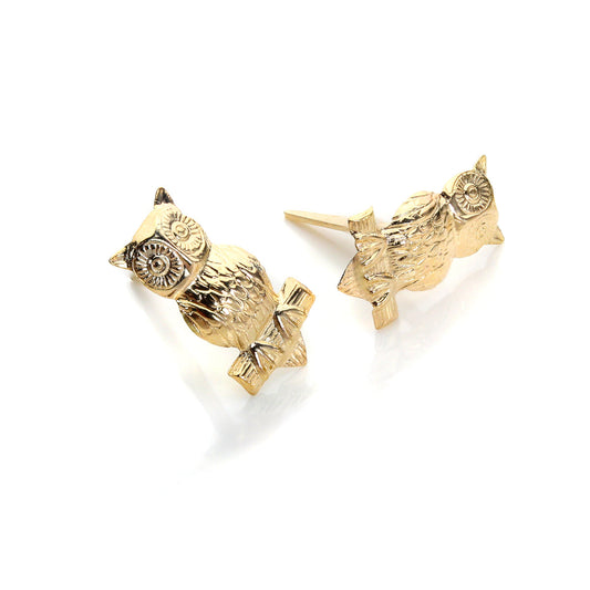 Boucles d'oreilles à tige en or jaune 9 carats Andralok, hibou sur branche