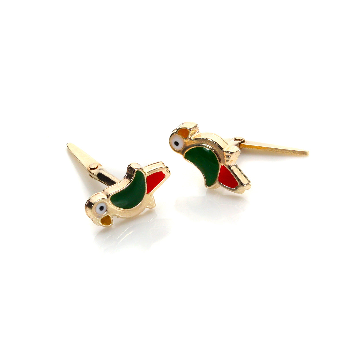 Boucles d'oreilles à tige en or 9 carats avec motif perroquet émaillé Andralok