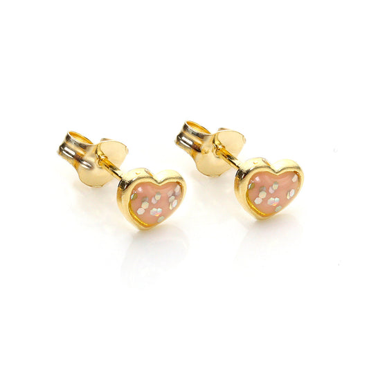 Boucles d'oreilles à tige en or jaune 9 carats, cœur émaillé et pailleté