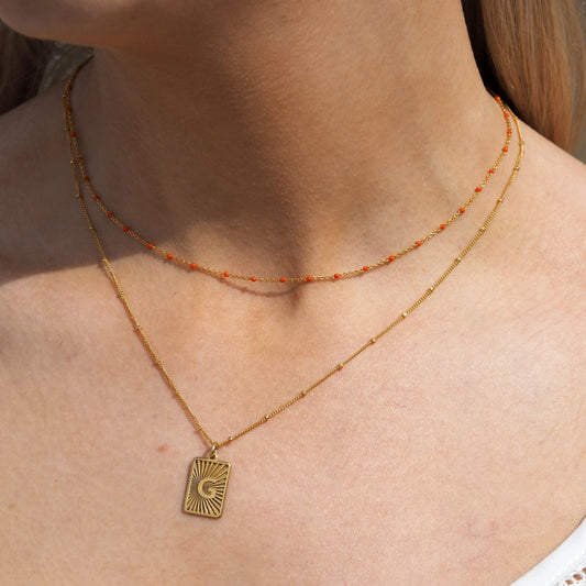 Fine Gold Plated Sterling Silver & Orange Enamel Confetti Chain Necklace - 16 Inches