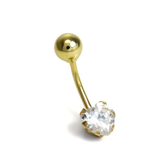 Piercing nombril en or 9 carats avec cœur en cristal CZ transparent