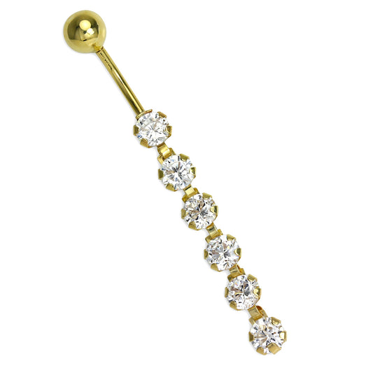 Piercing nombril en or 9 carats avec 6 cristaux ronds en oxyde de zirconium transparent