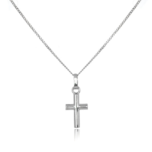 Pendentif petite croix en or blanc 9 carats sur chaîne de 40 à 50 cm