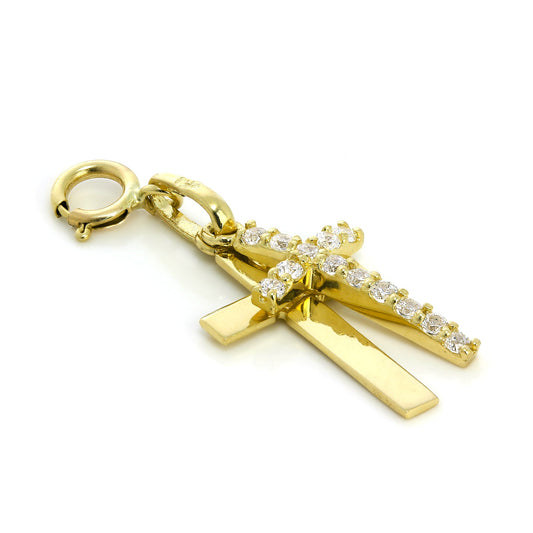Breloque à clip double croix en or 9 carats et cristaux CZ incrustés