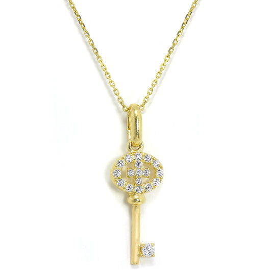 Pendentif clé en or jaune 9 carats et cristaux CZ incrustés sur chaîne de 40 à 50 cm