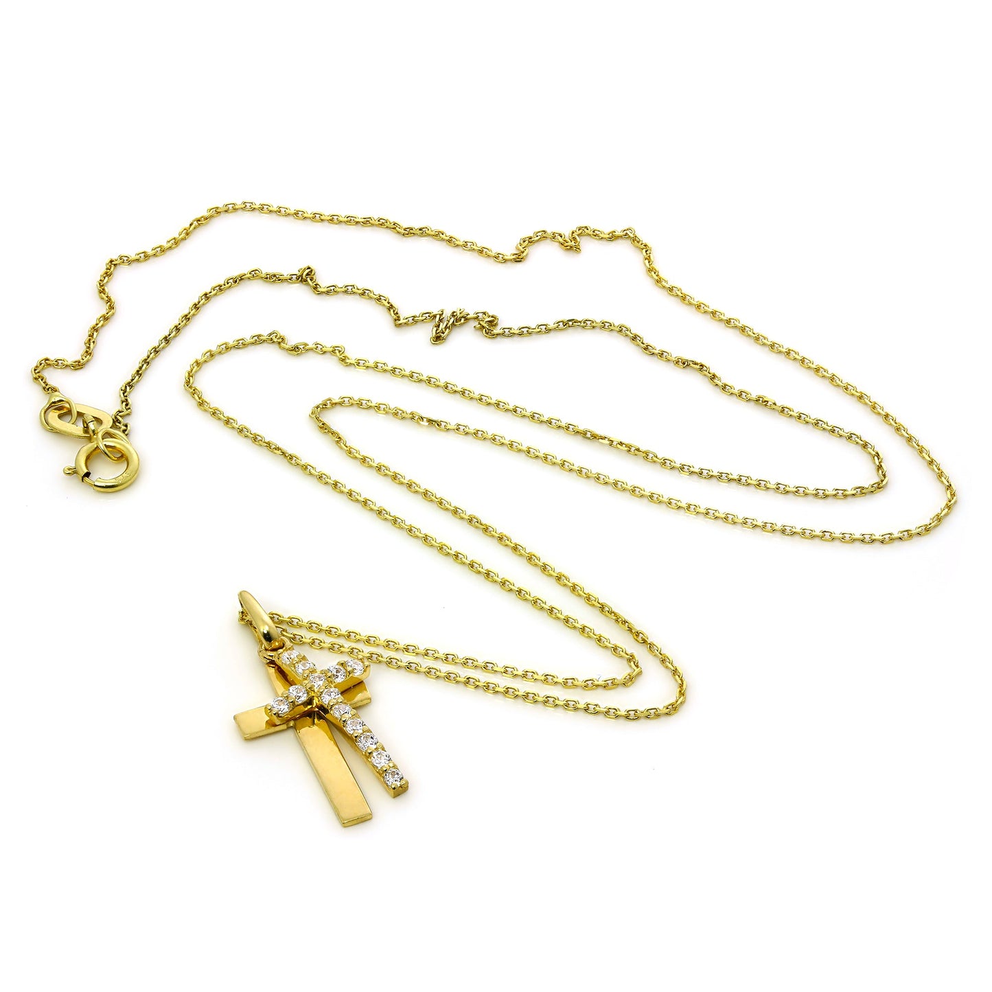 Collier pendentif double croix en or 9 carats et cristaux CZ incrustés, 40 à 50 cm