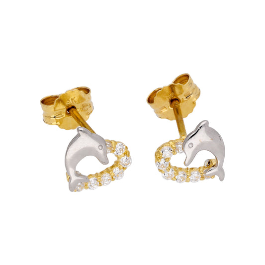Boucles d'oreilles à tige en or 9 carats et cristal CZ, cœur ouvert et dauphin