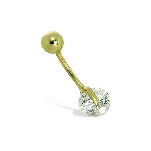 Piercing nombril en or 9 carats avec boule en cristal CZ transparent de 7 mm