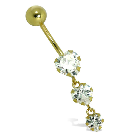 Piercing nombril en or 9 carats et triple cristal CZ en forme de cœur