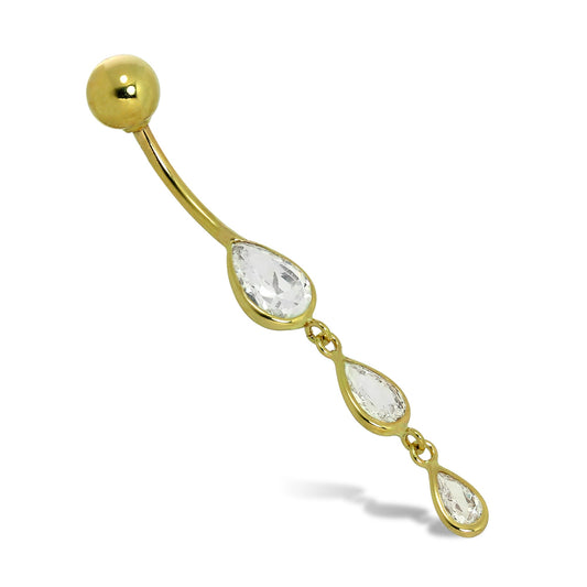 Piercing nombril en or 9 carats et triple boule en cristal CZ en forme de larme
