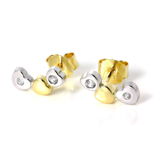 Boucles d'oreilles triple cœur en or blanc et jaune 9 carats avec cristaux CZ