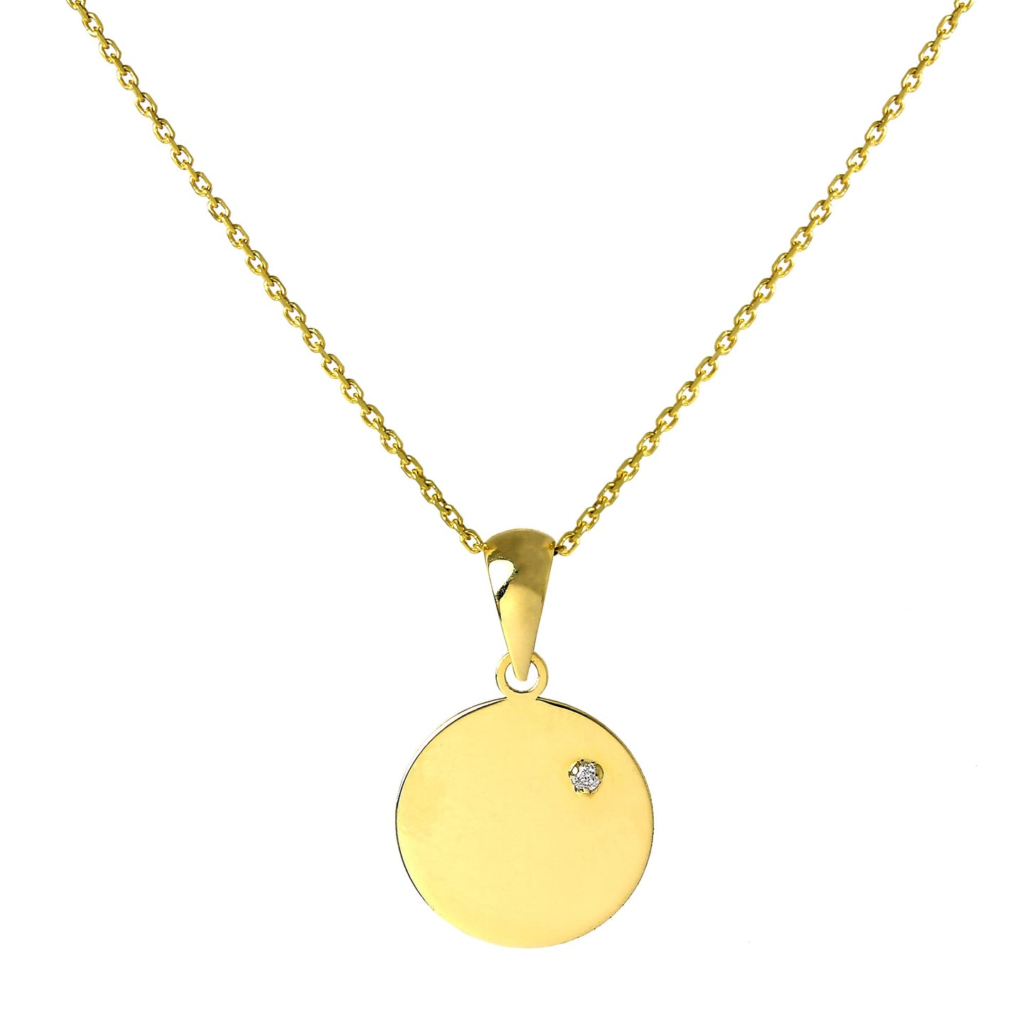 Pendentif rond gravable en or 9 carats avec minuscule cristal CZ sur chaîne de 40 à 50 cm