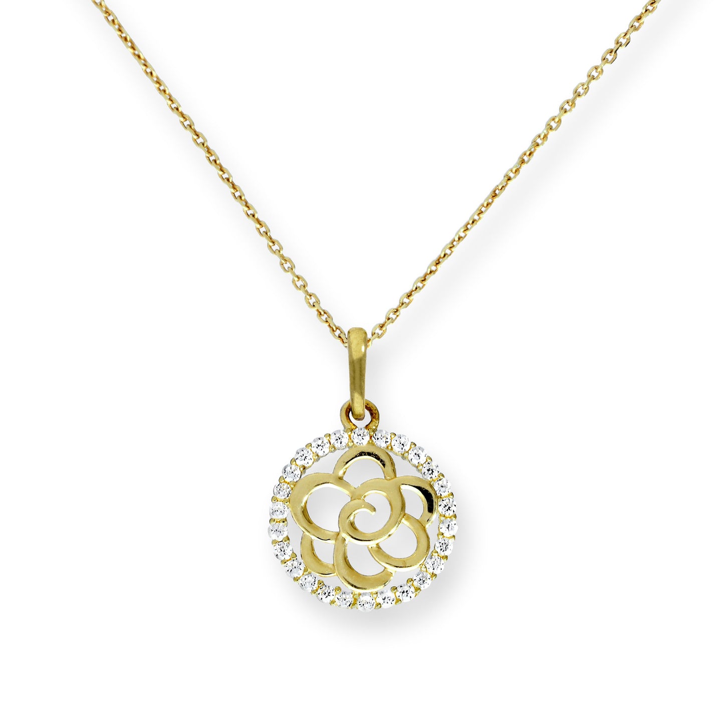 Collier avec pendentif en forme de fleur ouverte en or 9 carats et cristal CZ, 40 à 50 cm