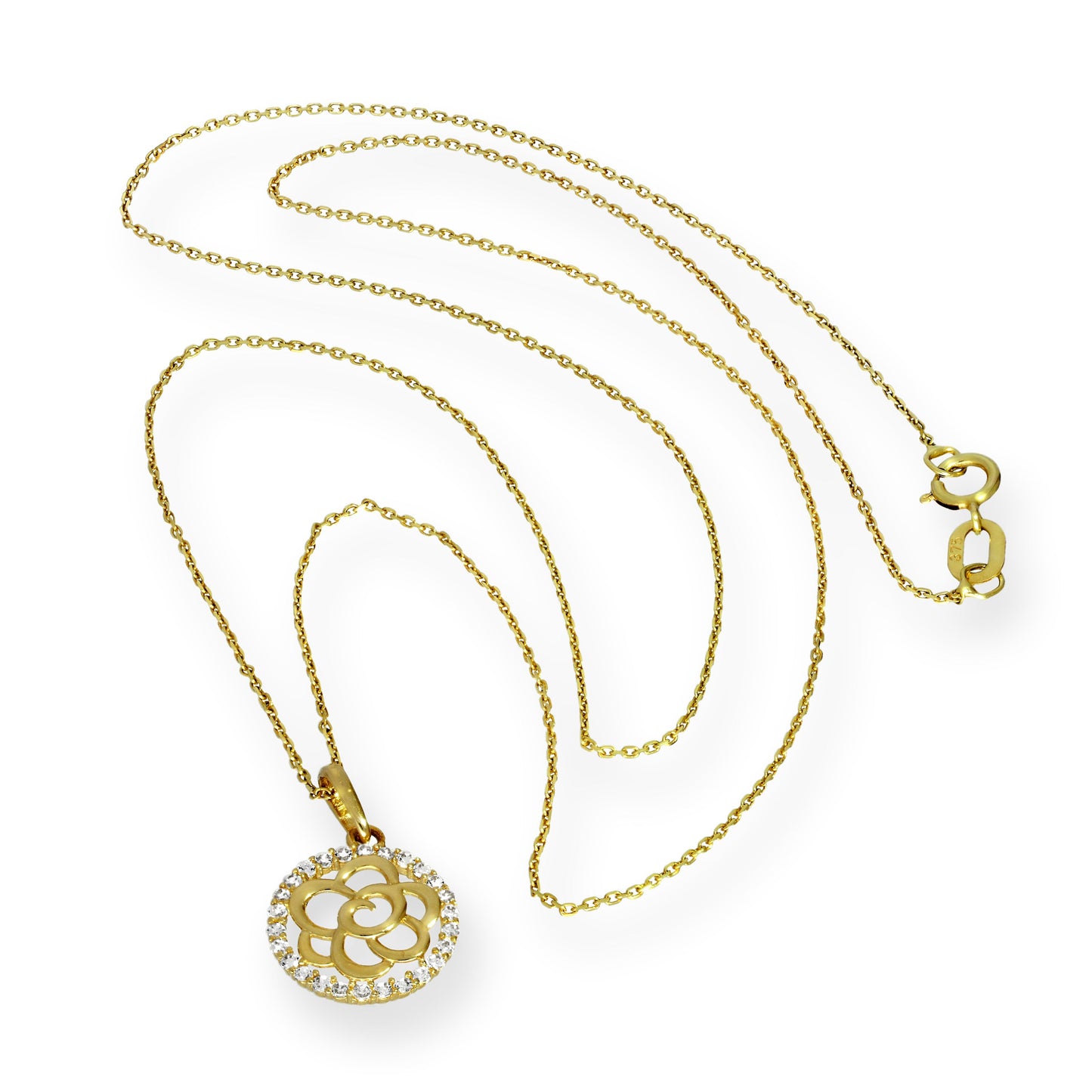 Collier avec pendentif en forme de fleur ouverte en or 9 carats et cristal CZ, 40 à 50 cm
