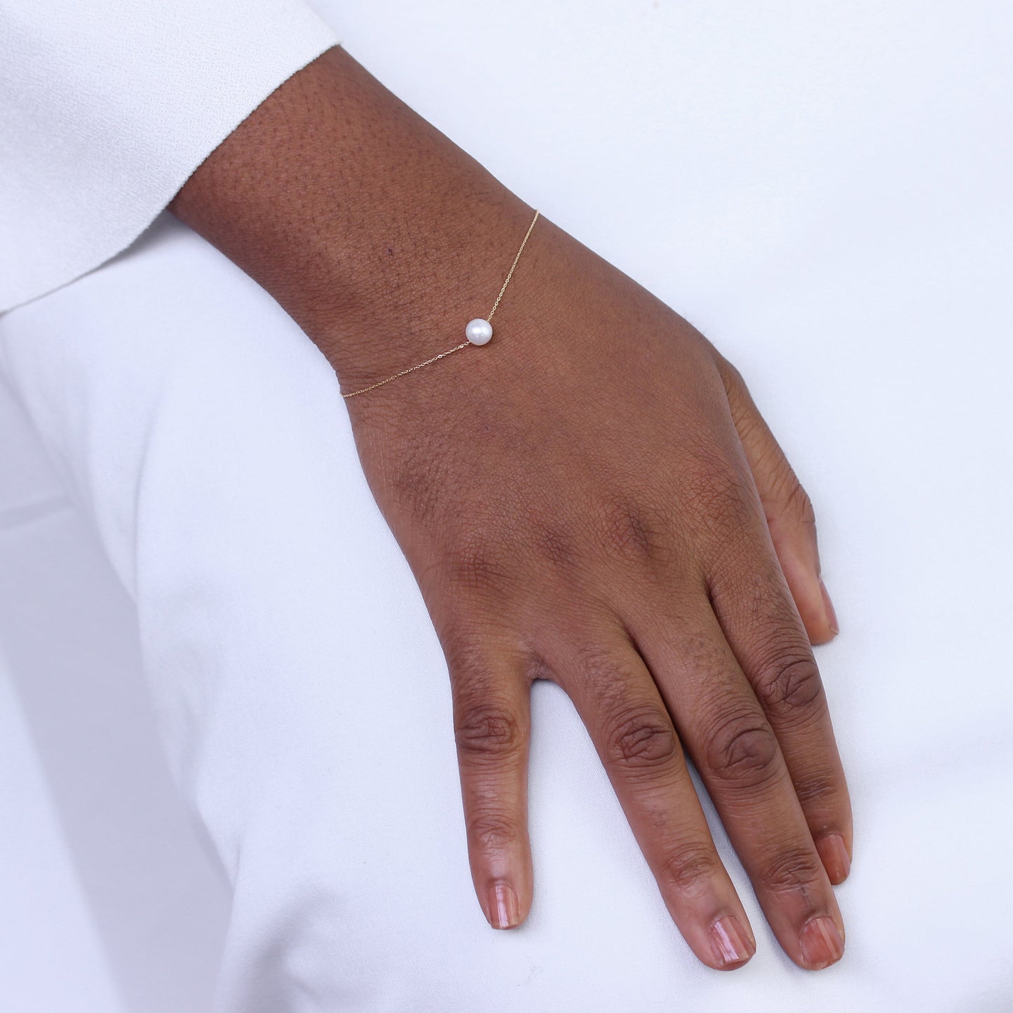 Bracelet gourmette fin en or 9 carats et perles de 6 mm, 17,8 cm