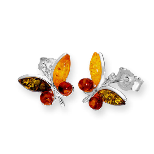 Boucles d'oreilles papillon en argent sterling et ambre de la Baltique multicolore