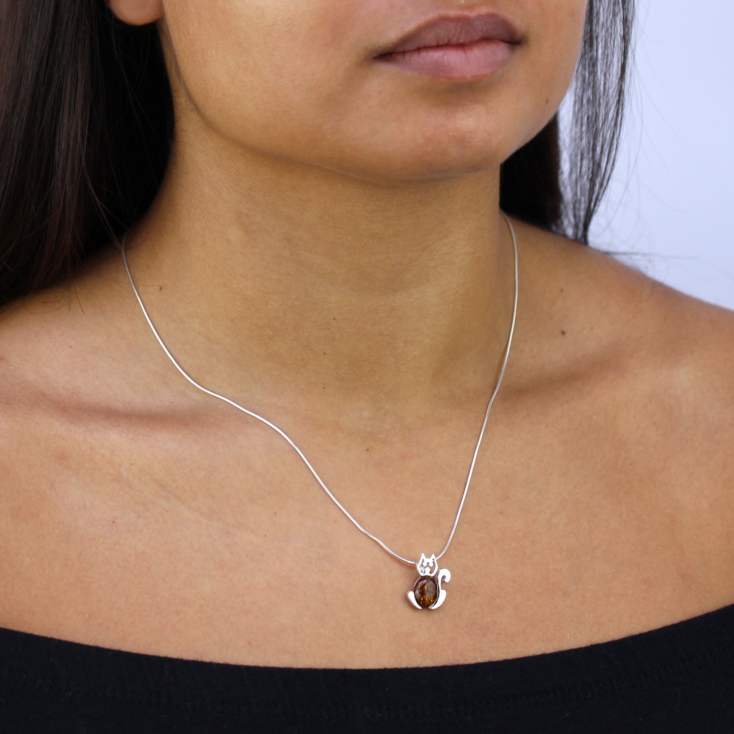 Collier avec pendentif en forme de chat en argent sterling et ambre de la Baltique, 35 à 55 cm