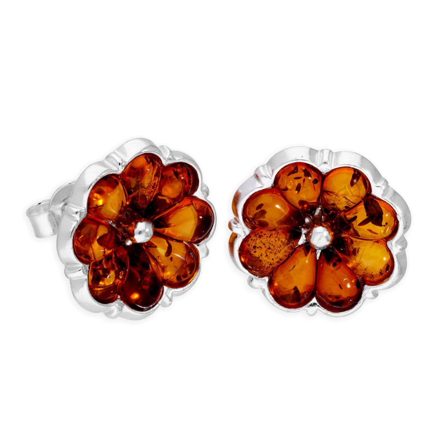 Grandes boucles d'oreilles à tige en argent sterling et ambre de la Baltique en forme de fleur