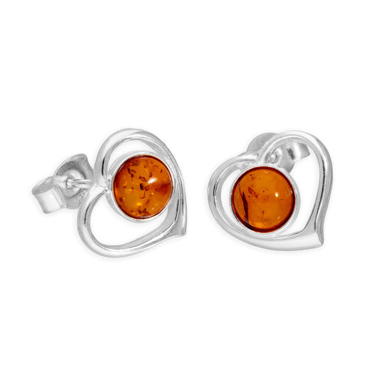 Boucles d'oreilles à tige en argent sterling et ambre de la Baltique en forme de cœur