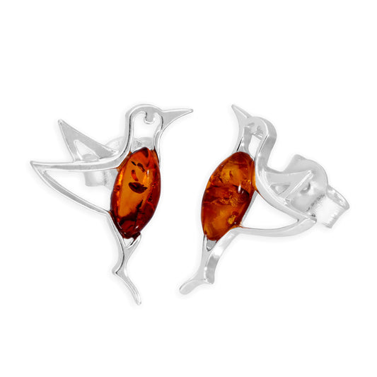 Boucles d'oreilles à tige en argent sterling et ambre de la Baltique en forme de colibri