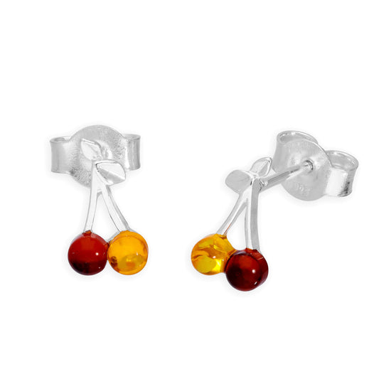 Boucles d'oreilles à tige en argent sterling et cerises mélangées en ambre