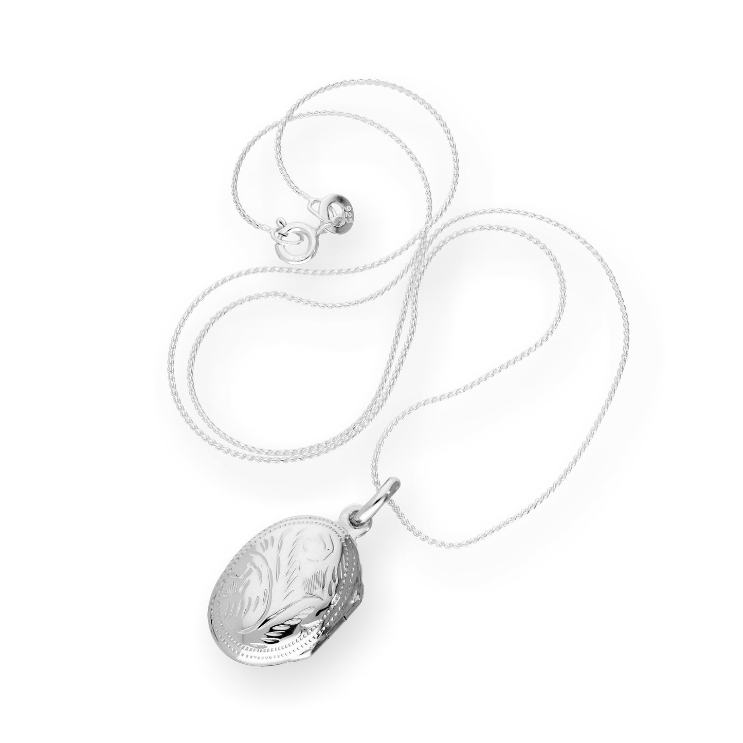 Médaillon ovale gravé en argent sterling sur chaîne de 40 à 55 cm