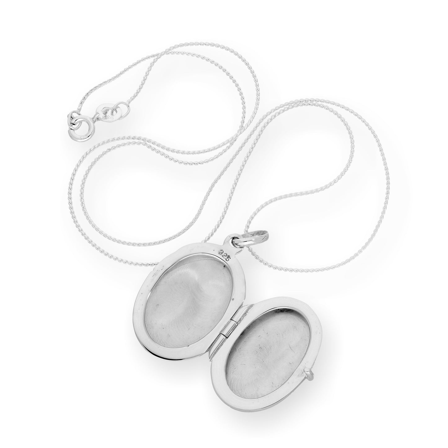 Médaillon ovale en argent sterling avec tourtereaux et roses qui s'embrassent sur chaîne de 40 à 55 cm
