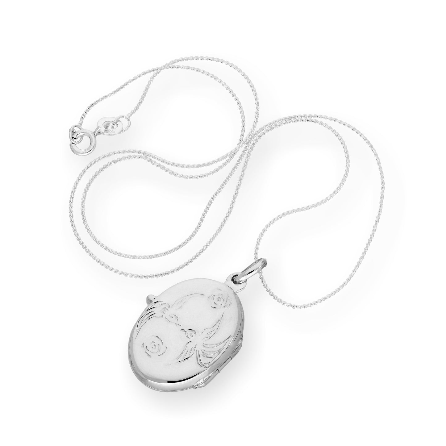 Médaillon ovale en argent sterling avec tourtereaux et roses qui s'embrassent sur chaîne de 40 à 55 cm